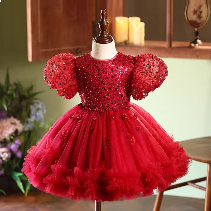 Red Sequins Toddler 1st Birthday Knee Length Party Girl Dress J358, Red / child-3