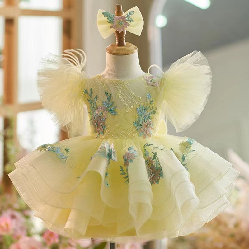 Sequins Princess Yellow Girl Dress Knee Length Puffy Sleeve J258 Sequins Princess Yellow Girl Dress Knee Length Puffy Sleeve J258
