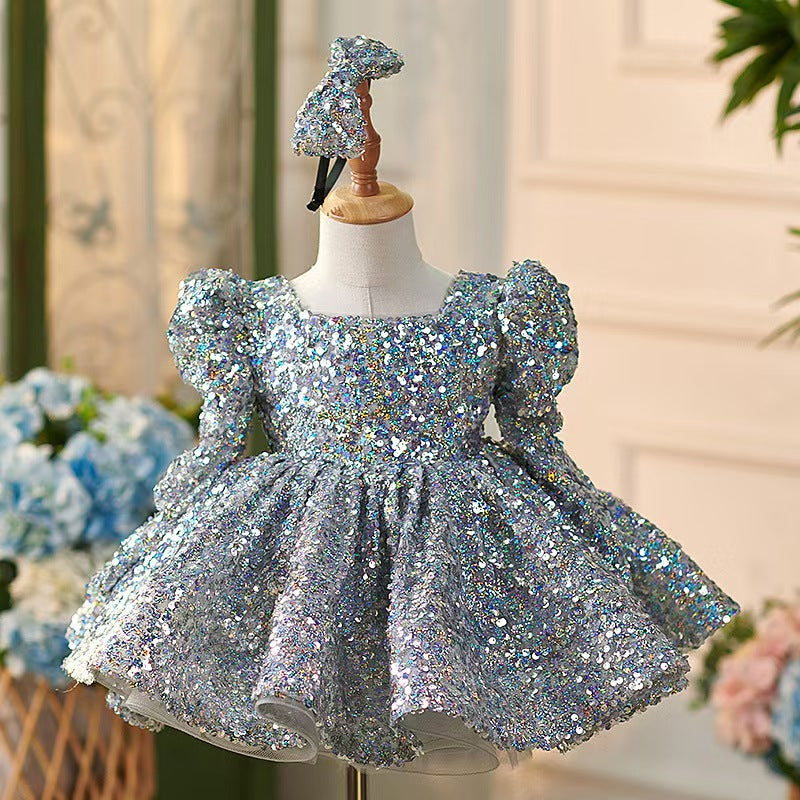 Sparkling Silver Knee Length Girl Dress with Long Sleeve J309, Silver / 8(130cm) Sparkling Silver Knee Length Girl Dress with Long Sleeve J309, Silver / 8(130cm)