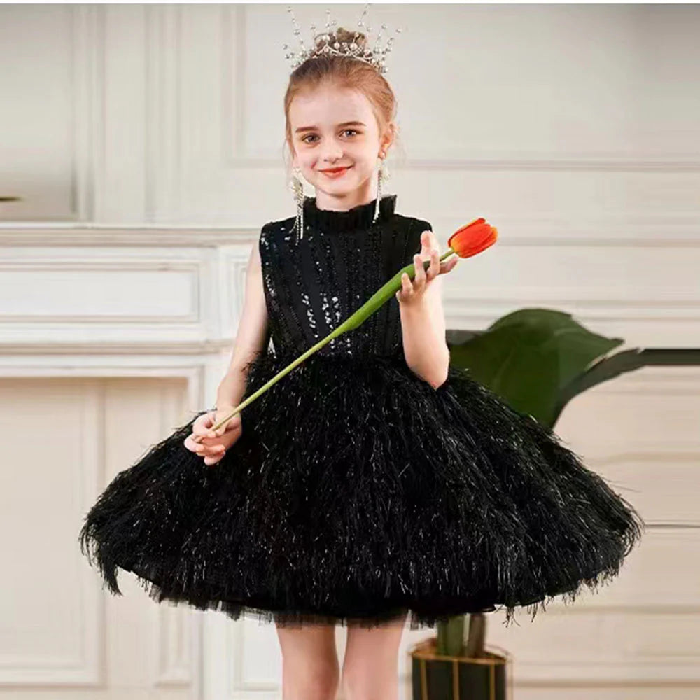 Sparkly Black Arabic Girl Dress Feathers Baby Kids Princess J175