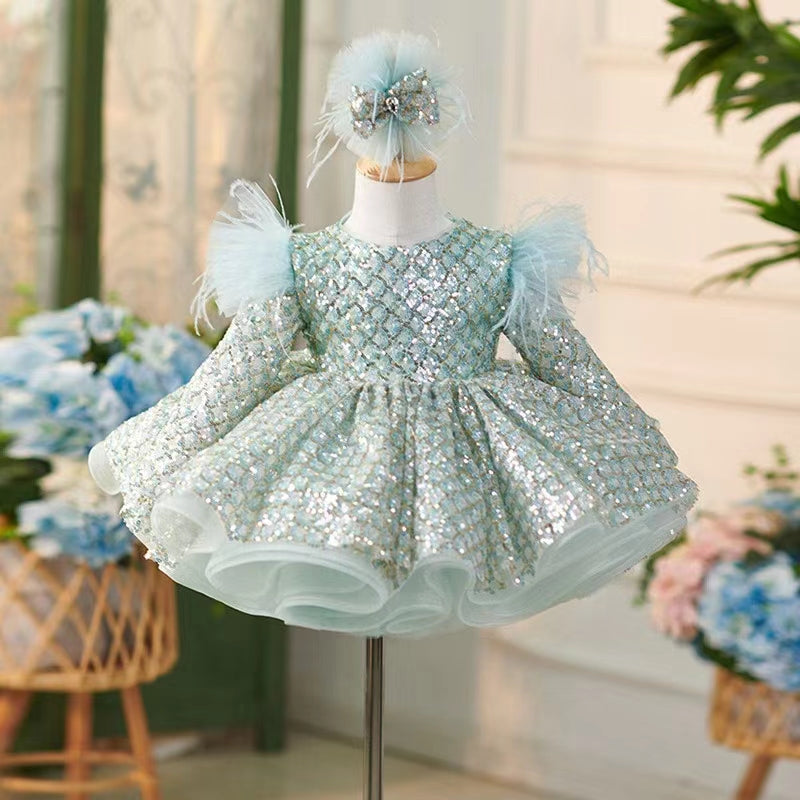 Sparkly Turquoise Girl Dress Long Sleeve Knee Length Arabic J093 Turquoise / child-3