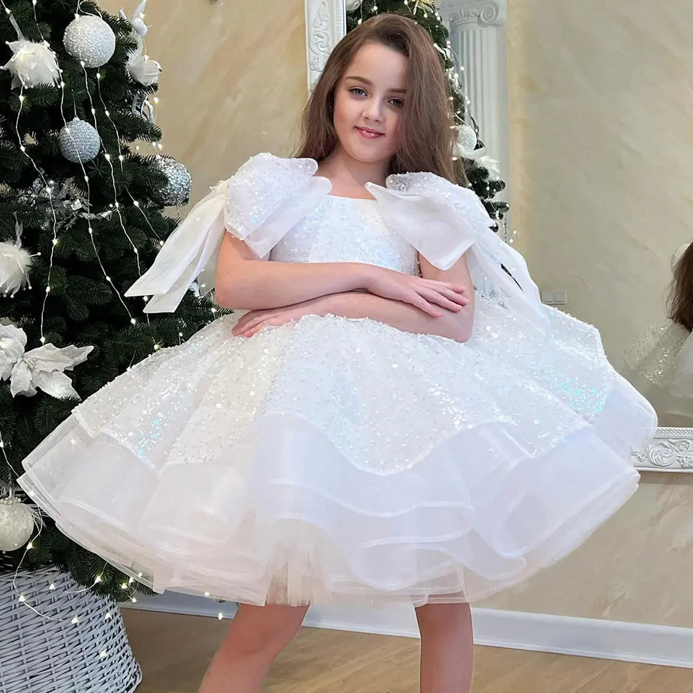 Sparkly White Girl Dress Big Bow Champagne Pink Princess Kids J343 –  DreamyVow