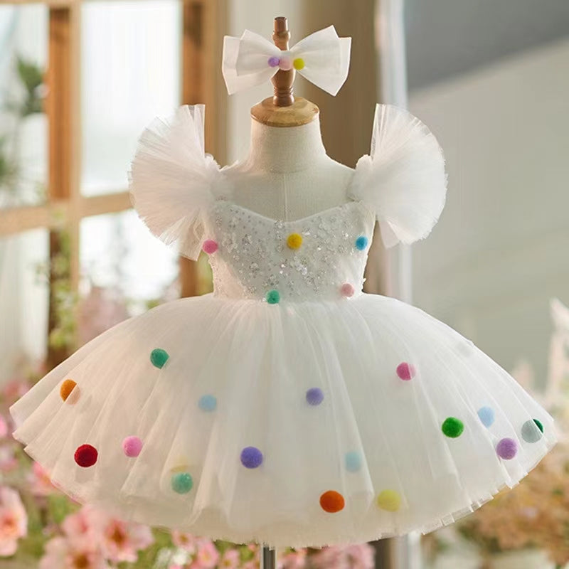 White Girl Dresses with Hairband for Baby Wedding Birthday Party J032 White / child-10