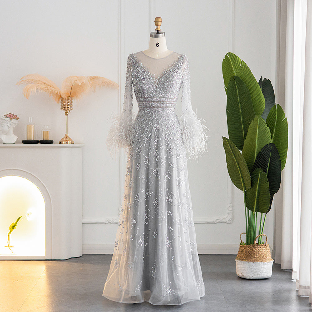 chinese dress ladies Elegant Champagne Feathers Long Sleeves Evening Dresses SS101 Silver / 20