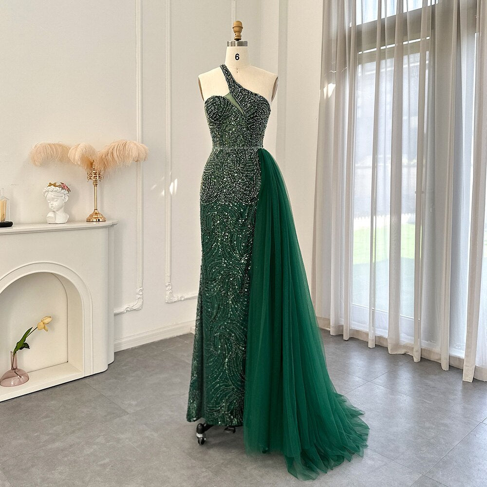 Emerald Green One Shoulder Evening Dresses with OVerskirt Side Slit SS102
