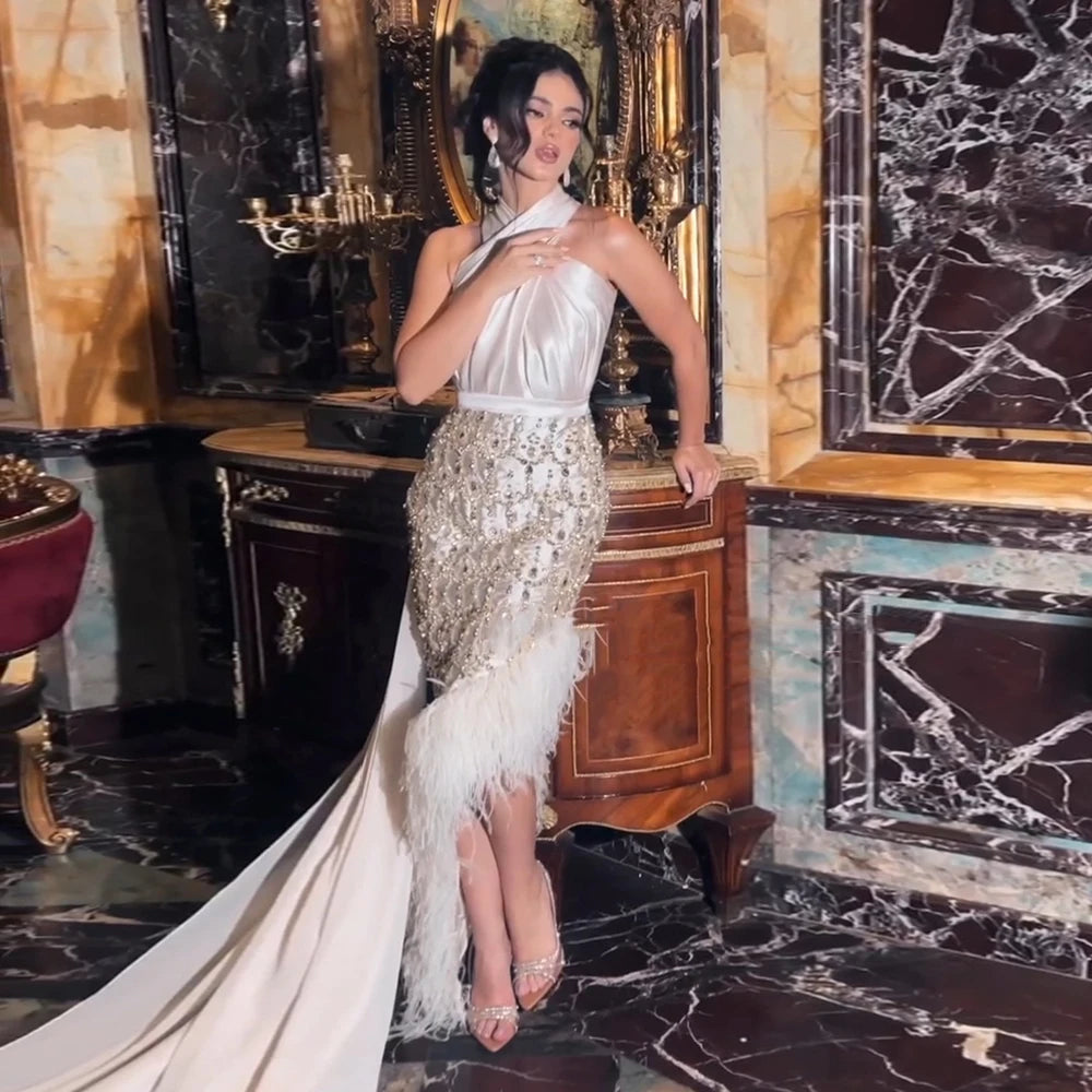 Feather White Mermaid Evening Dress with Cape Halter SS350