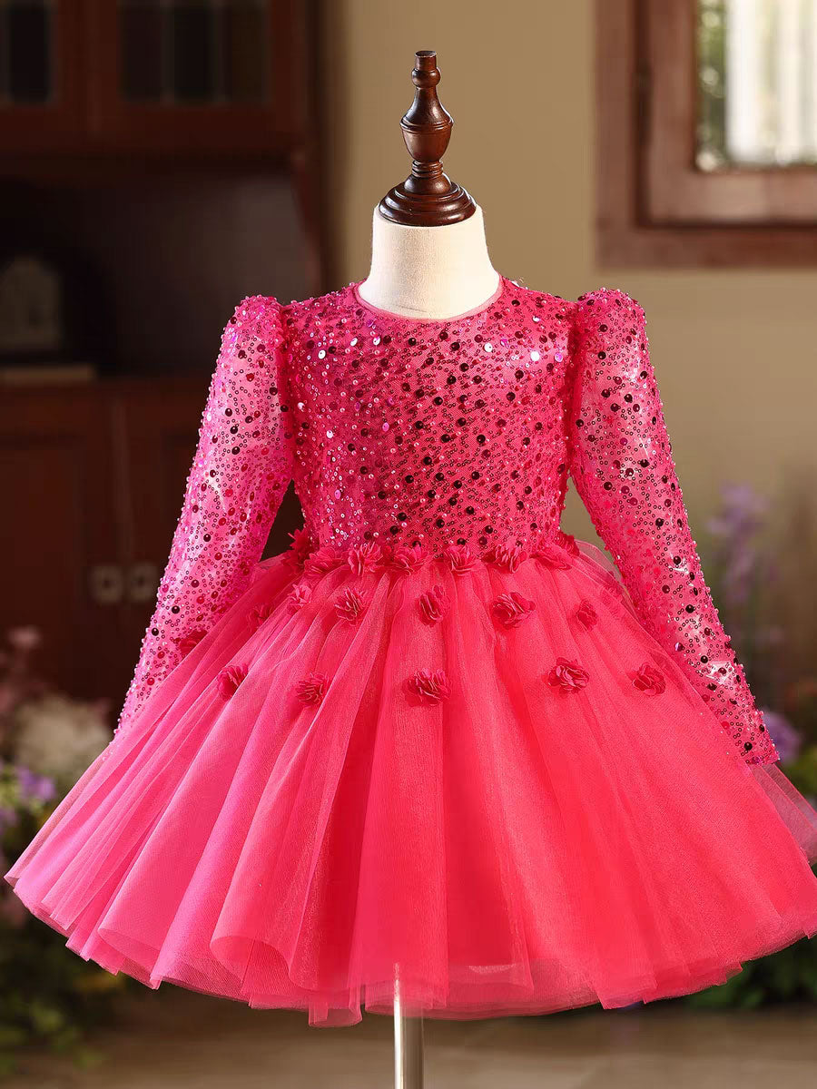 Elegant Long Sleeve Princess Flower Girl Dress For Weddings Parties D167 Fuchsia / Child-4