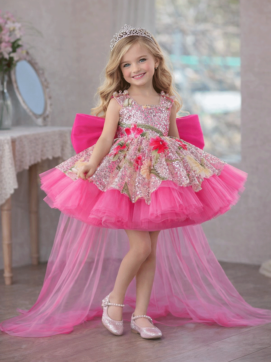 luxury baby dress Luxury Baby Pink Floral Sequin Party Flower Girl Princess Dress J886 Fuchsia / 12M