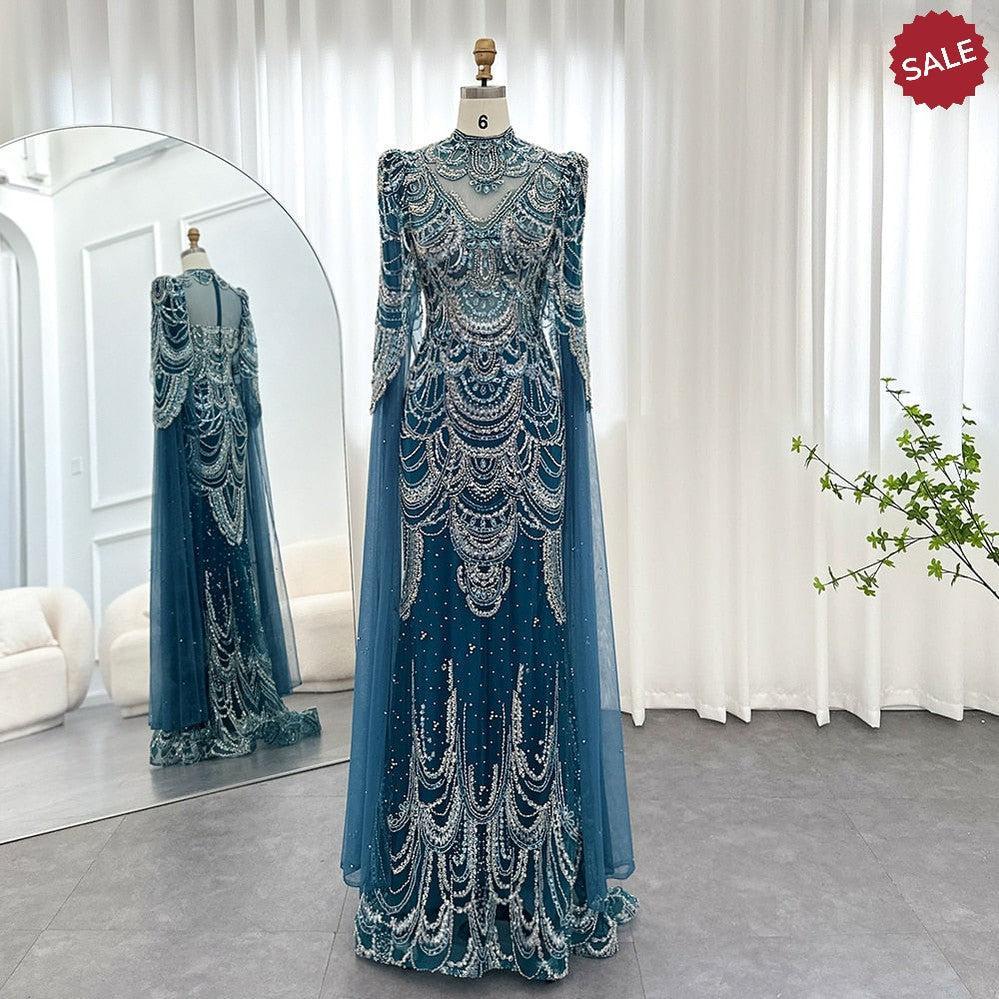 Green Luxury Dubai Mermaid Evening Dresses with Cape Sleeves SS145