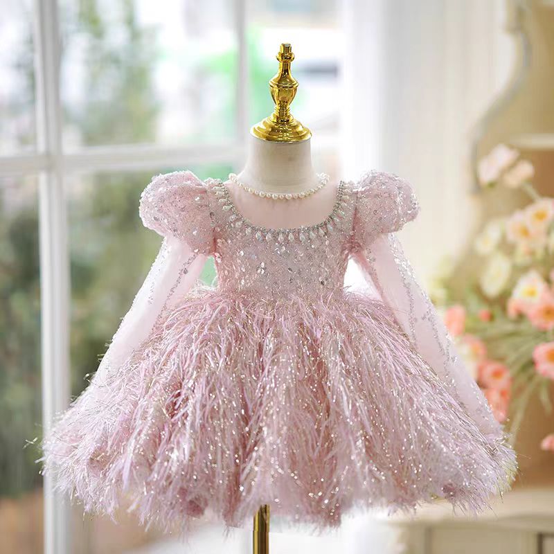 Burgundy Girl Dress Long Sleeve Toddler Kids 1st Birthday Gown J446 Pink Long Sleeve / child-6 Burgundy Girl Dress Long Sleeve Toddler Kids 1st Birthday Gown J446 Pink Long Sleeve / child-6