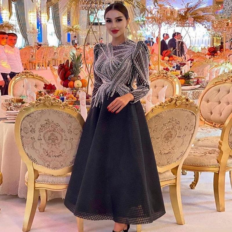 Luxury Black Short Muslim Evening Dress Long Sleeve SS212, Black / 10 Luxury Black Short Muslim Evening Dress Long Sleeve SS212, Black / 10