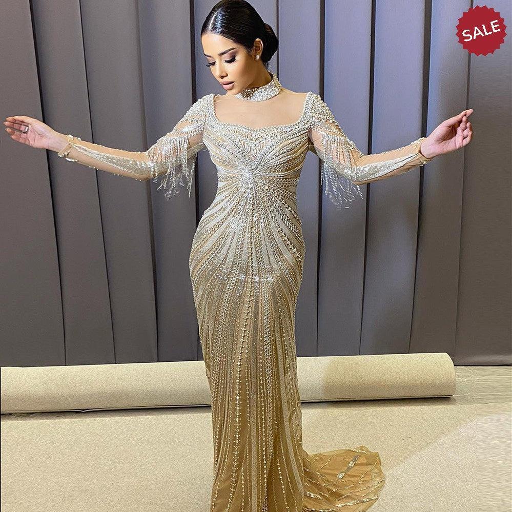 Luxury Champagne Mermaid Evening Dress with Detachable Overskirt