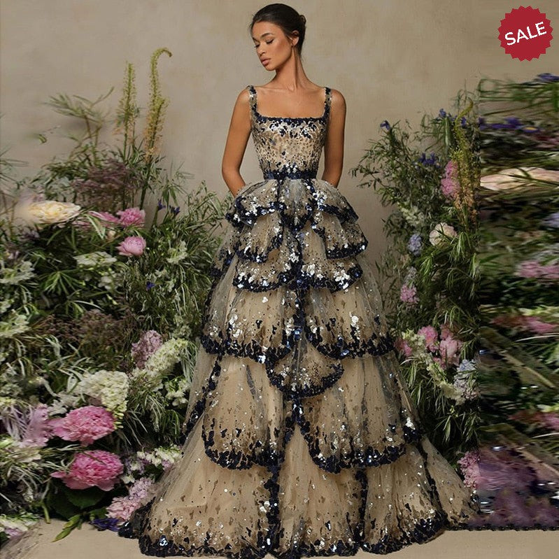 Luxury Dubai Evening Dresses Sparkly Sequin Tiered Ruffles SS243