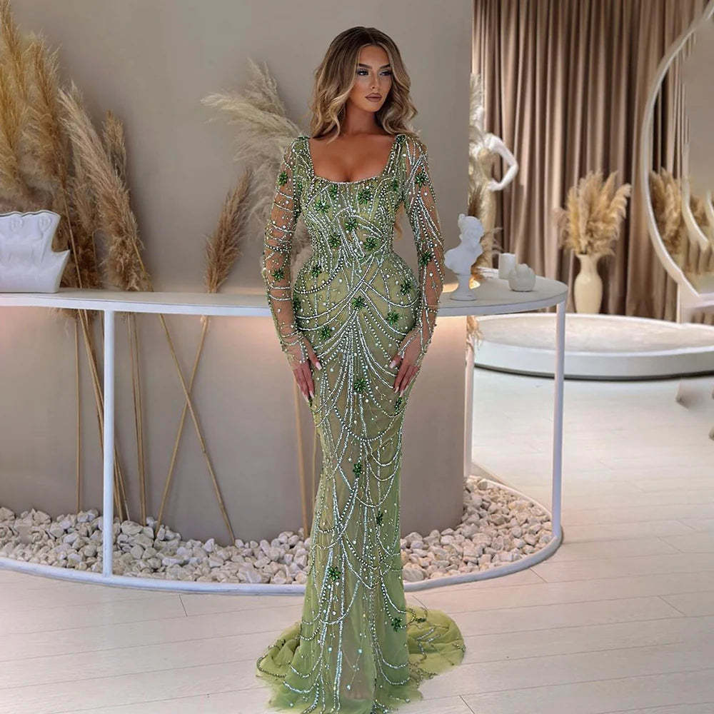 Luxury Dubai Green Mermaid Evening Dress Long Sleeves SS163