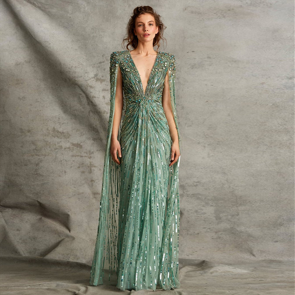 Luxury Dubai Sage Green Evening Dresses with Cape SS399
