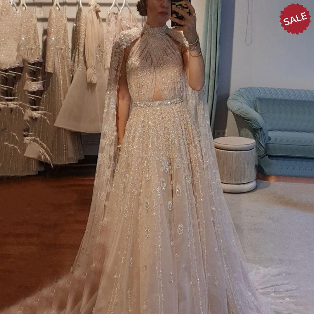 Luxury Evening Dress with Cape Sleeve Long SS495, Champagne / 16 Luxury Evening Dress with Cape Sleeve Long SS495, Champagne / 16