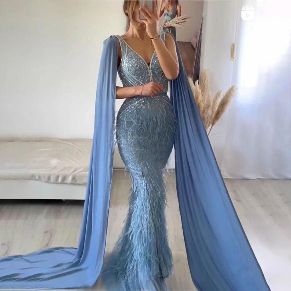 Luxury Mermaid Blue Feathers Evening Dress with Cape Sleeve Backless Prom Dresses for Women Wedding Party Gowns DreamyVow Luxury Mermaid Blue Feathers Evening Dress with Cape Sleeve Backless Prom Dresses for Women Wedding Party Gowns DreamyVow