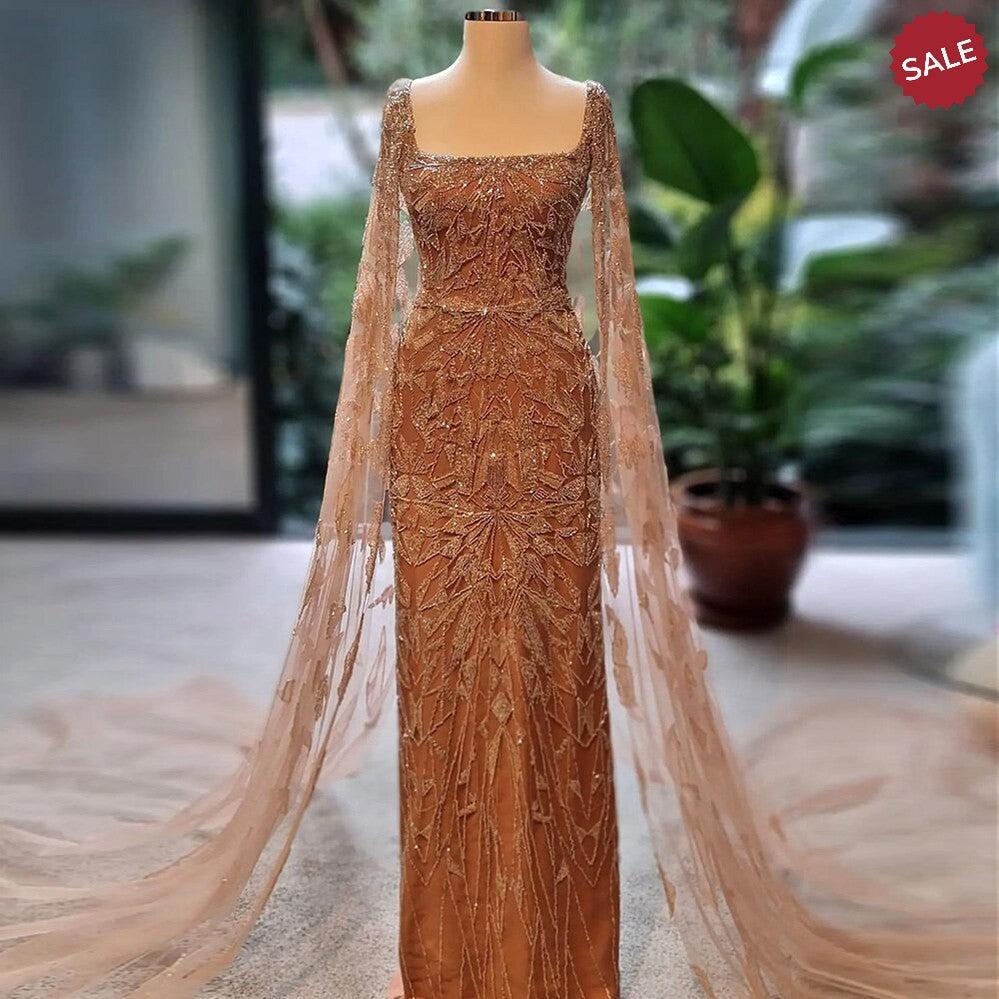 Nude Pink Luxury Evening Dresses with Cape Sleeves SS497 – DreamyVow