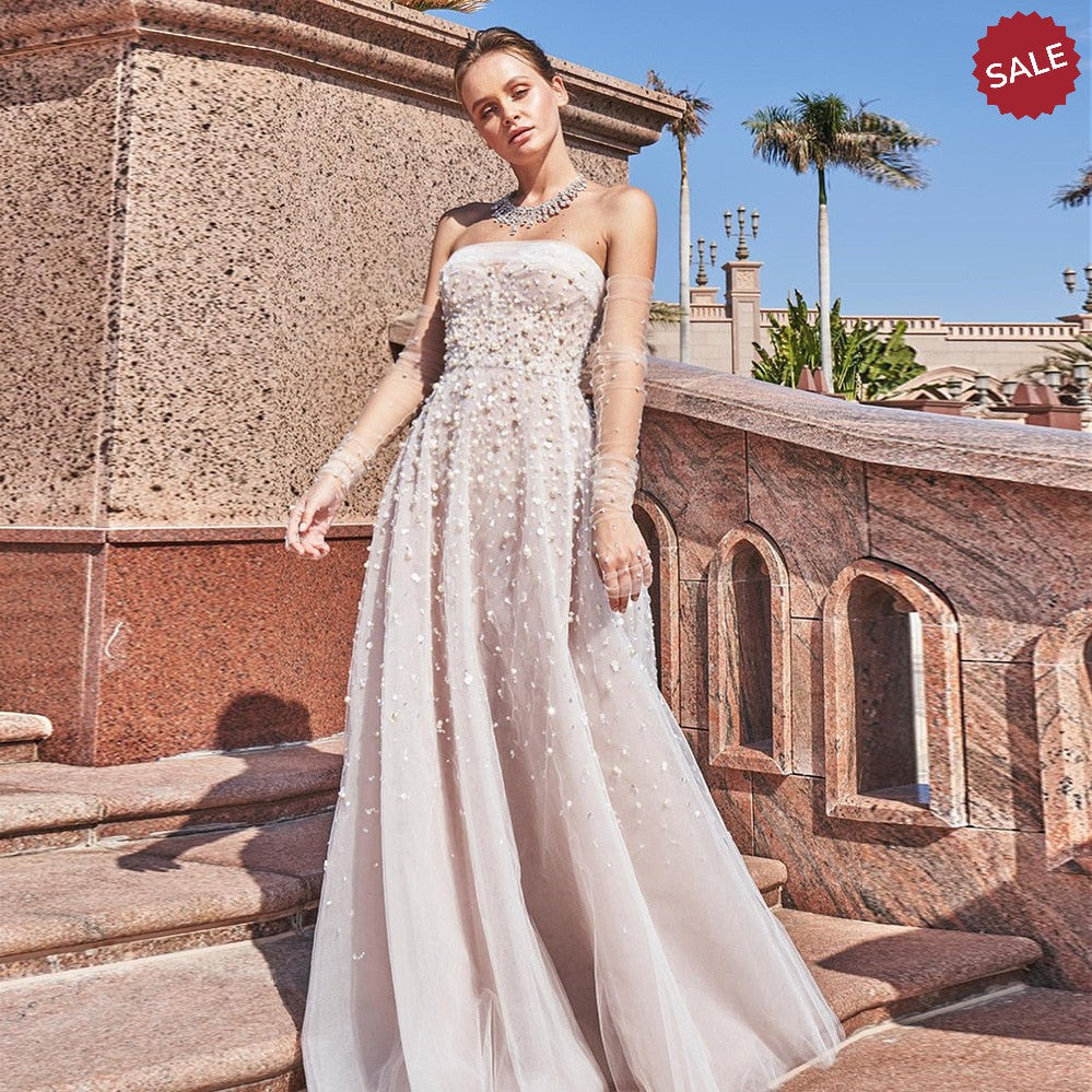 Pearls White Nude Arabic Evening Dresses with Gloves SS373