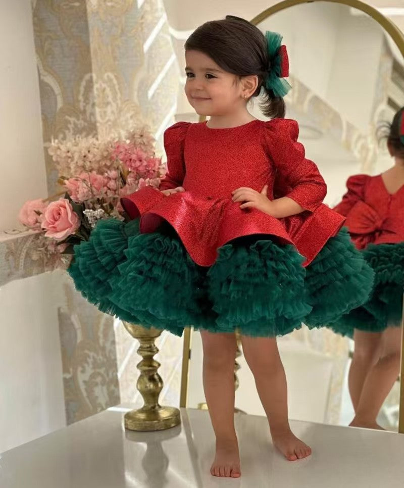 Cute Kids Christmas Princess Dress for Holiday Birthday Party D193 Red-Green / child-12