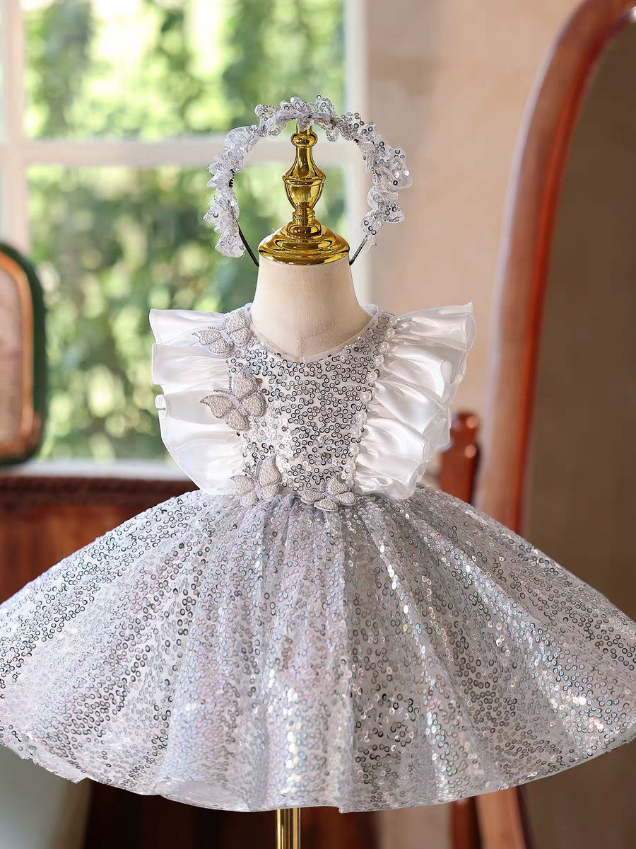 sequin happy birthday dress Luxury Sparkling Princess Girl Dress for Birthday Party and Pageant J596 Silver / child-14