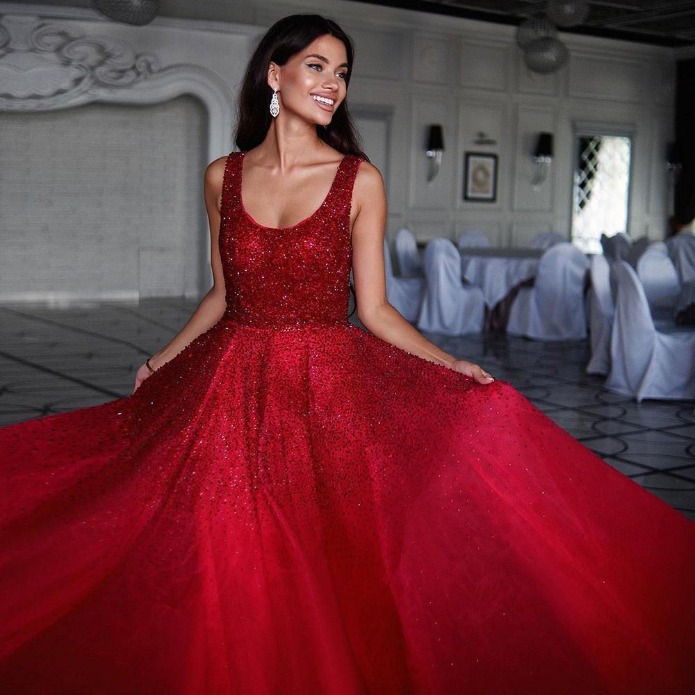 Sparkly Crystal Burgundy Ball Gown Evening Dresses Luxury Dubai