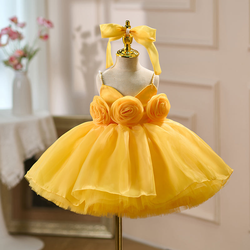 Yellow Toddler Party Dress with Strappy Design Flower Girl Dess