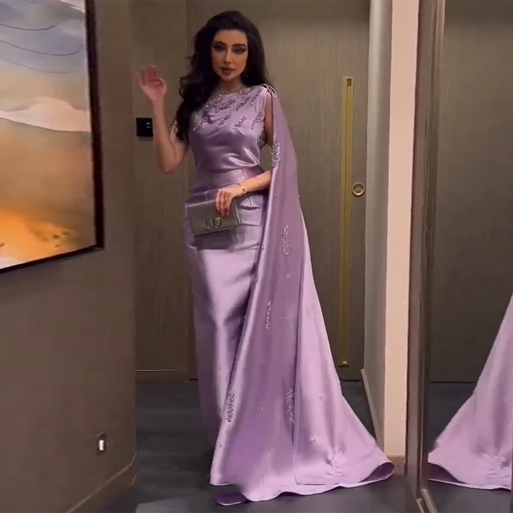 knee length dresses for ladies Arabic One Shoulder Lilac Dubai Evening Dresses with Cape Elegant Ankle Length Women Wedding Guest Party Gowns 273 Lilac / 14