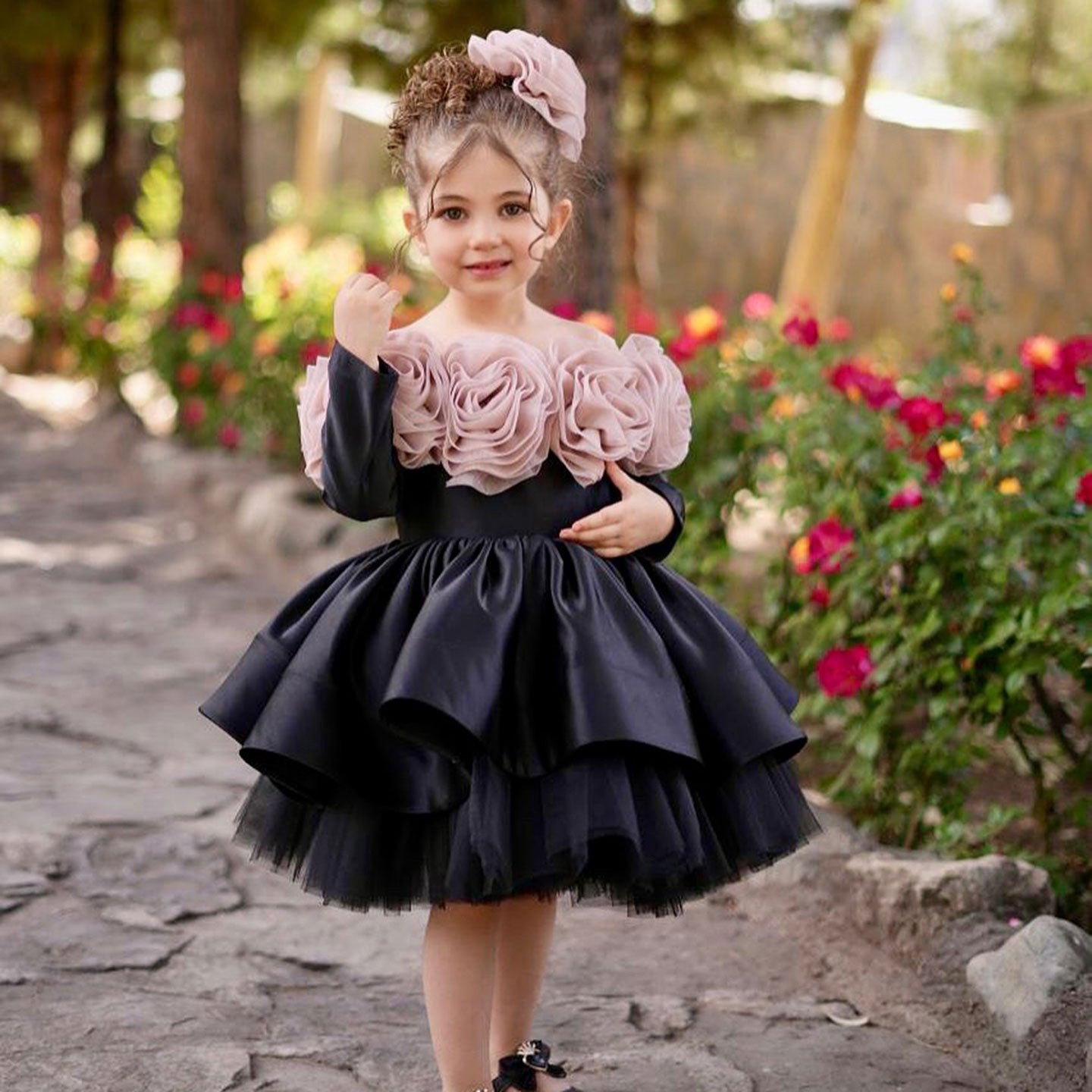 black dress with pink flowers Pink Rose Flower Girl Dress with Black Tulle Toddler Birthday D134 Black / child-8