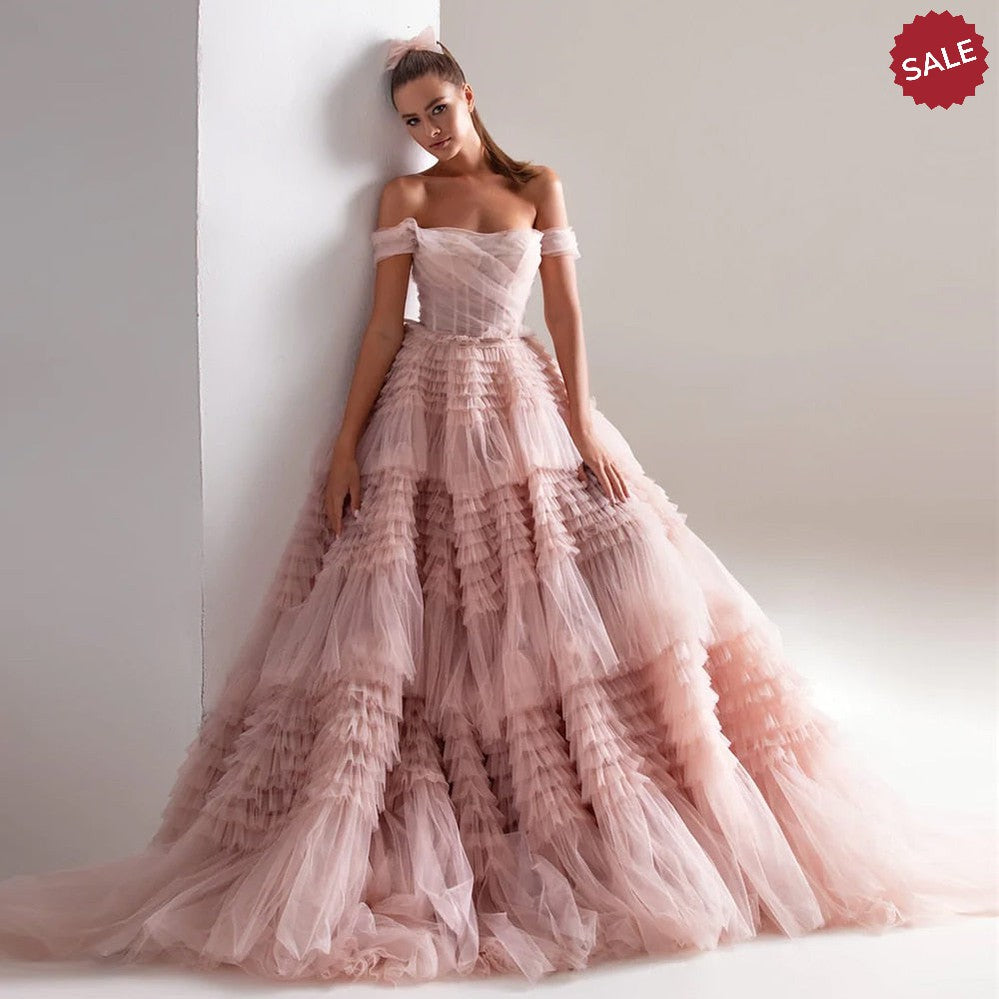 Blush Pink Off Shoulder Ruffles Evening Dress for Women Wedding Elegant Tiered Ball Gown Prom Party Desses 087 DreamyVow Blush Pink Off Shoulder Ruffles Evening Dress for Women Wedding Elegant Tiered Ball Gown Prom Party Desses 087 DreamyVow
