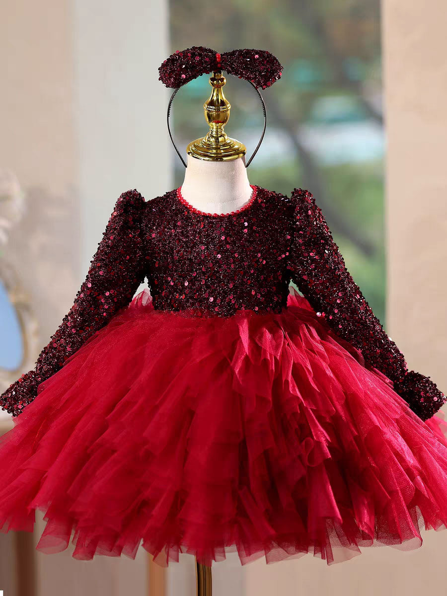 burgundy christmas dress Festive Long Sleeve Princess Dress for Girls Christmas Birthday Party D204 Burgundy / child-6