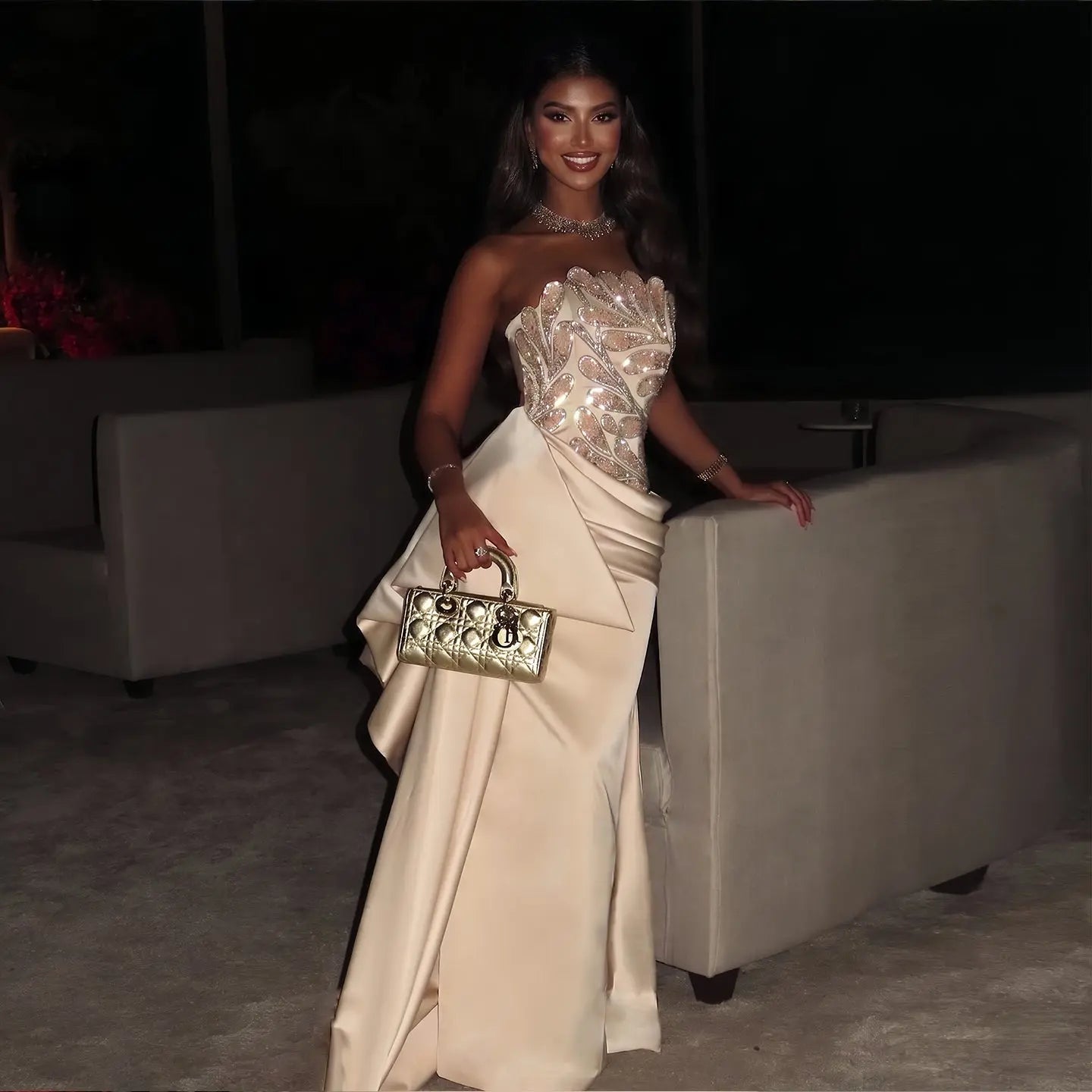 Elegant Beige Satin Evening Dress with Crystal Beaded Corset SS242