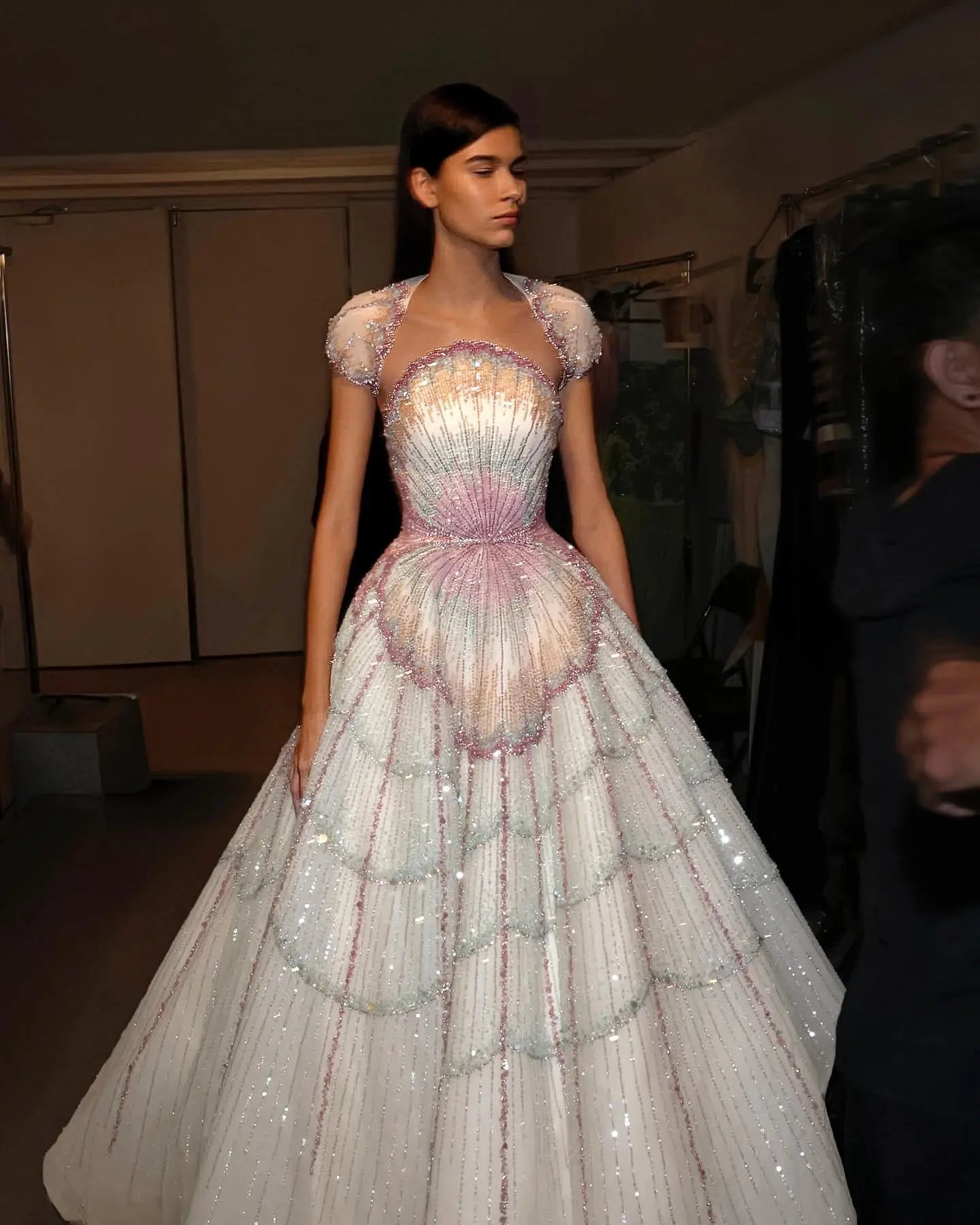 Luxury Shell Inspired Beaded Evening Dress with Layered Glitter Tulle SS296 Shell White / 6