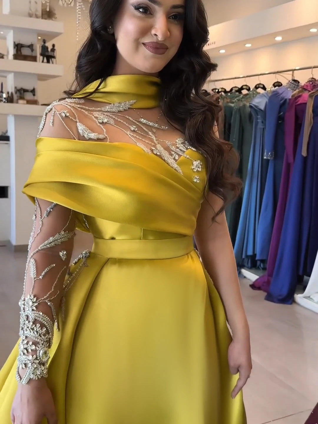 Elegant Gold Yellow Satin Arabic Gown One Sleeve Overskirt Wedding Party SS302 Elegant Gold Yellow Satin Arabic Gown One Sleeve Overskirt Wedding Party SS302