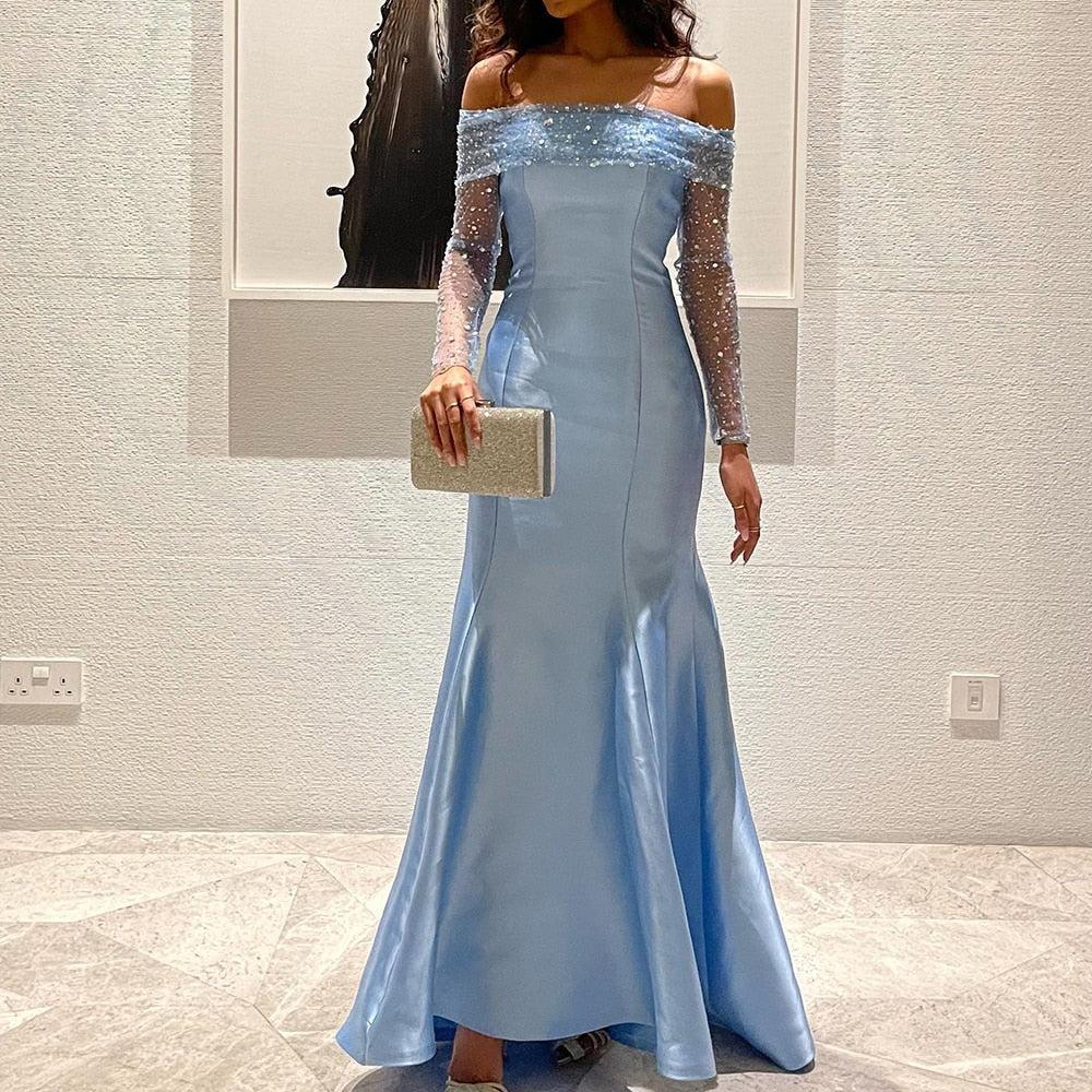 Elegant Off Shoulder Blue Arabic Evening Dress for Women Party Long Sleeves SF079, Blue / 2