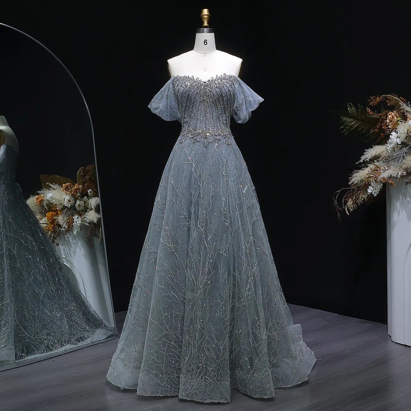 Elegant Off Shoulder Gray Blue Sequin Embroidered Prom Dress SS725