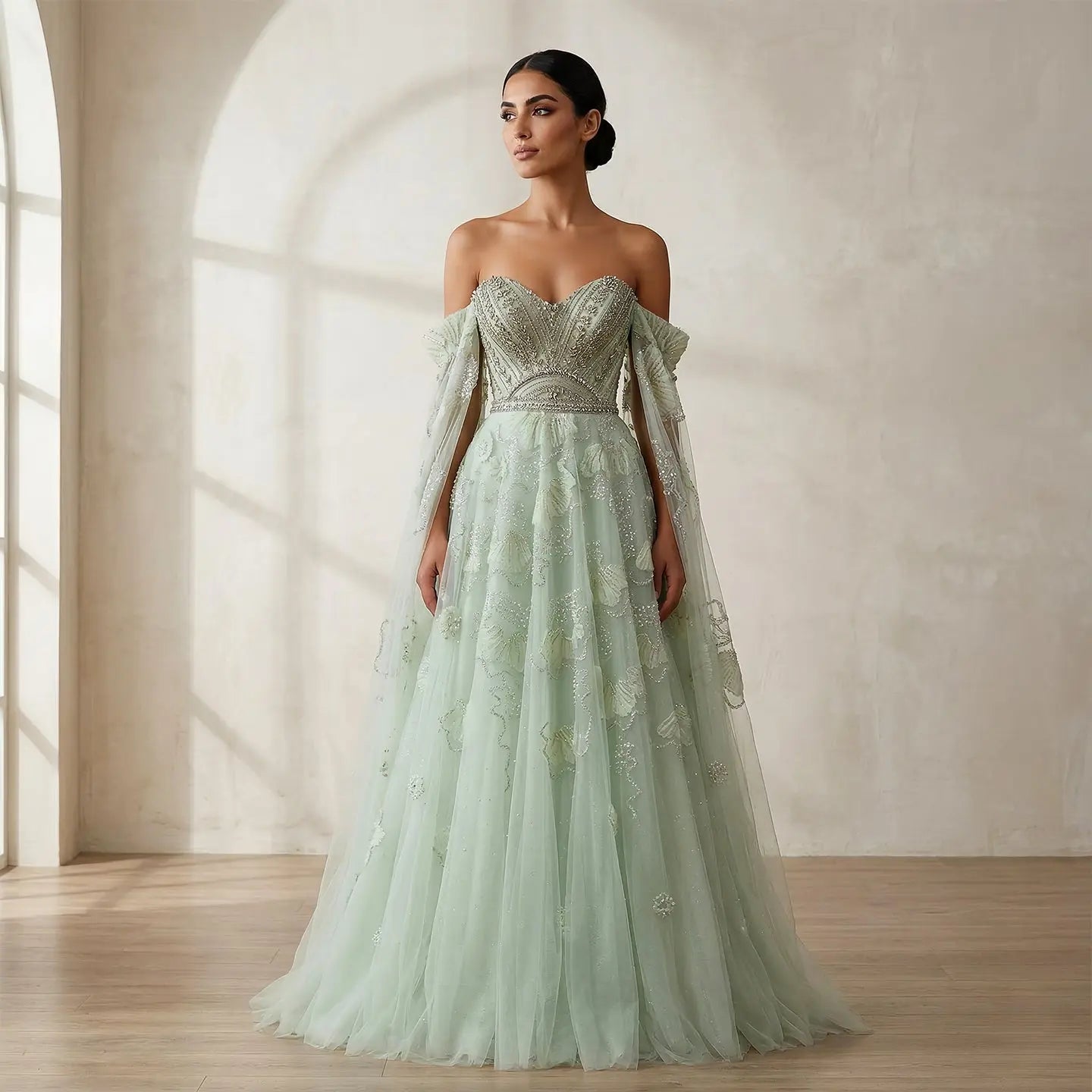 Elegant Sage Green Beaded Strapless Evening Dress with Lace Appliqué SS754 Sage Green / 12