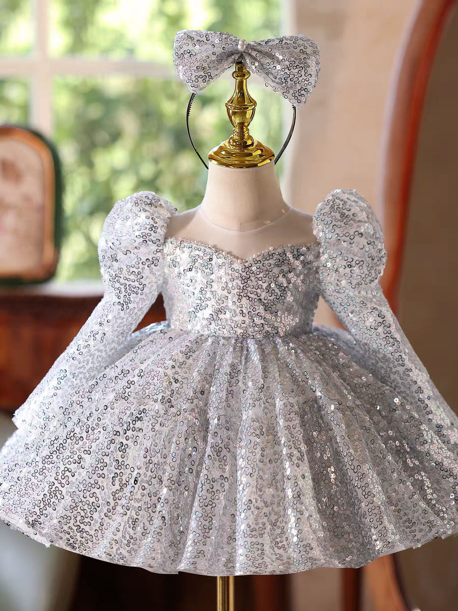 Luxury Silver Sequin Girl Dress Princess Birthday Party Gown D185 DreamyVow Luxury Silver Sequin Girl Dress Princess Birthday Party Gown D185 DreamyVow