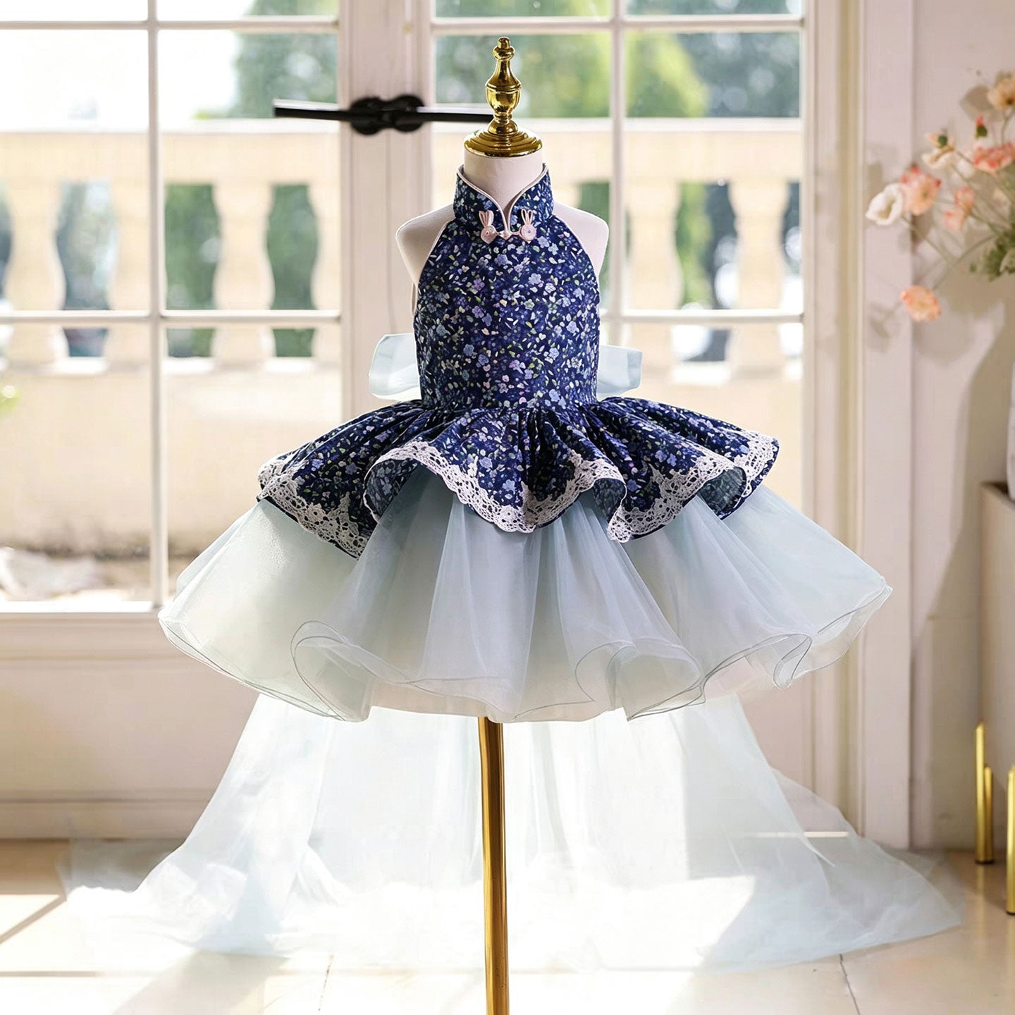 Elegant Blue Flower Girl Dress with Halter Neck Floral Print Layered Ruffle Tulle Girls Birthday Party Gown D286 Blue / child-10