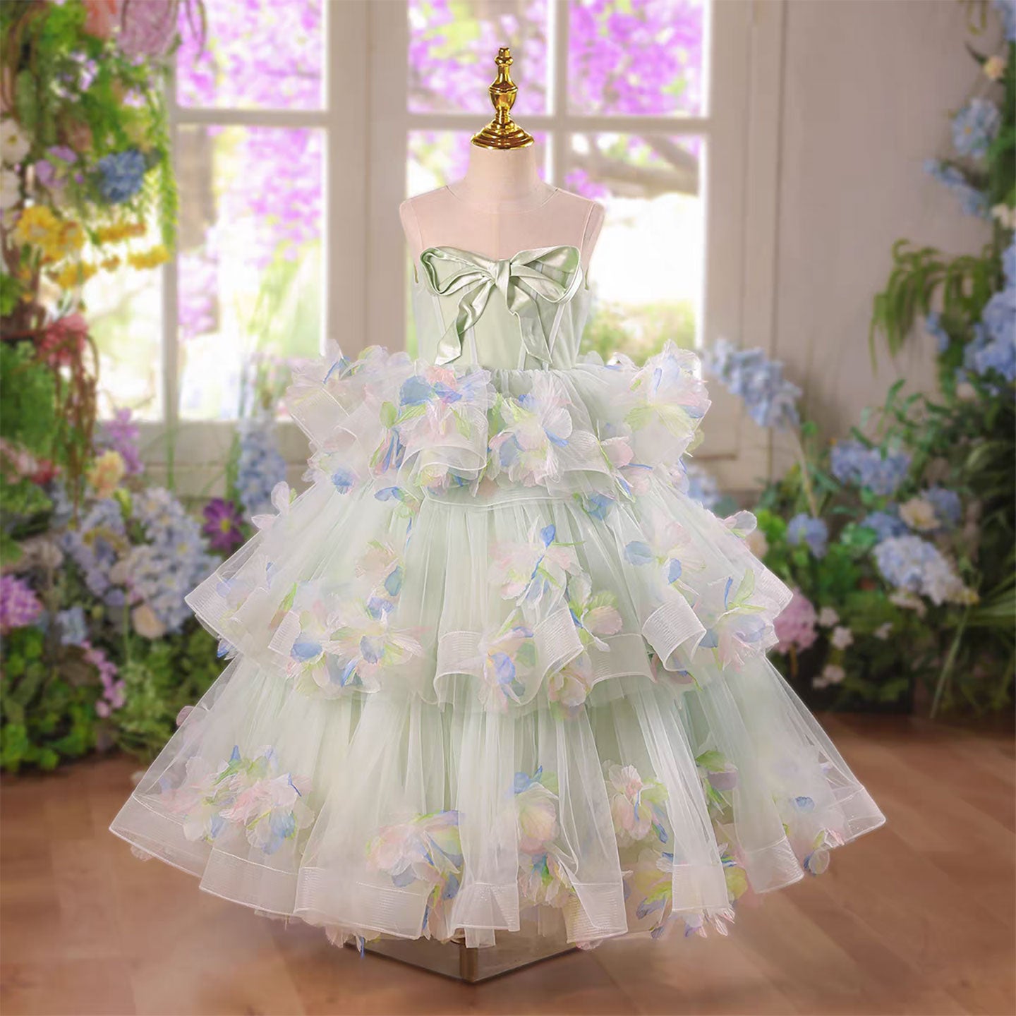 Sage Green Tiered Flower Girl Dress Pastel 3D Floral Ruffled Tulle Party  Gown D346