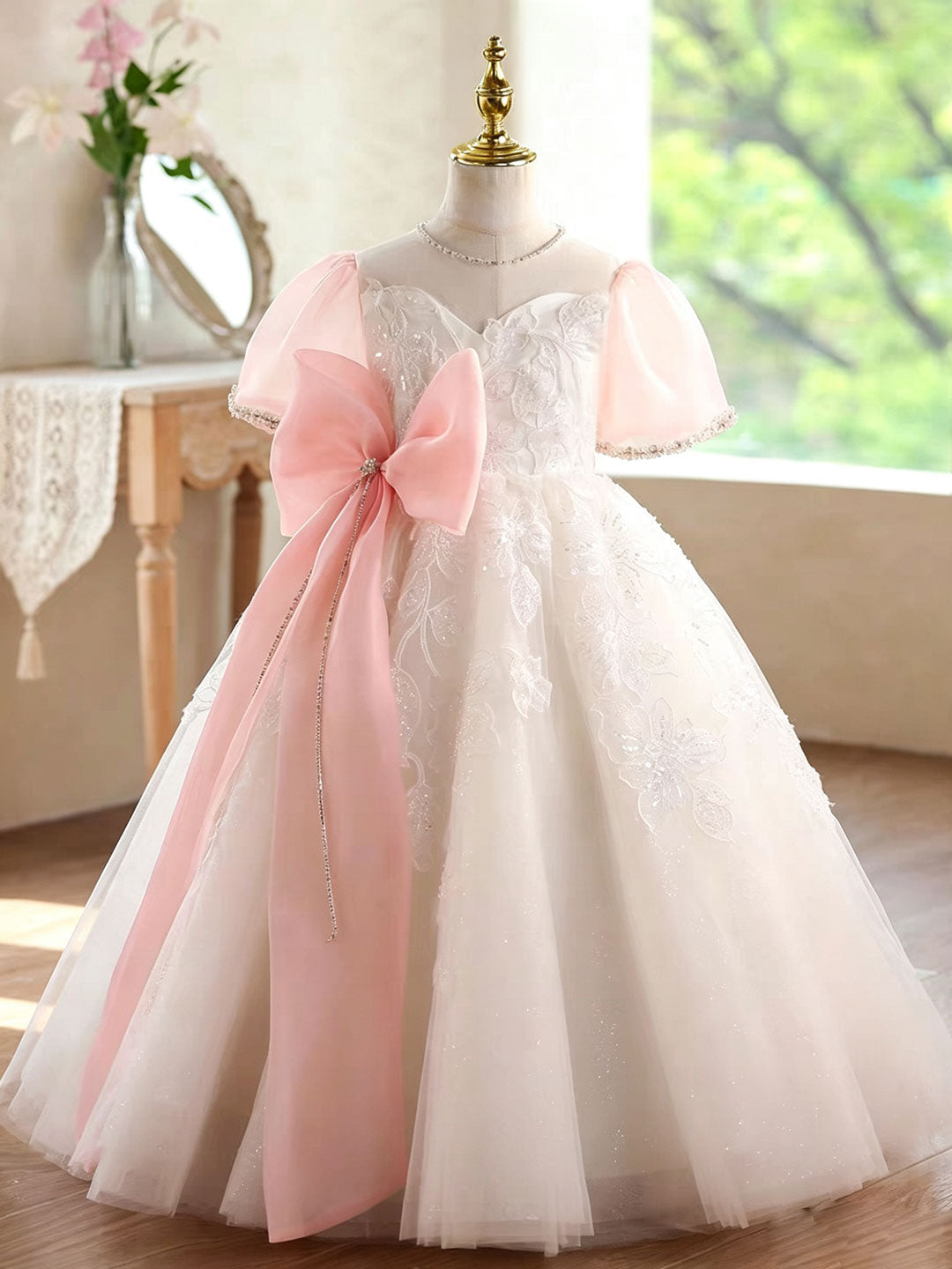pink bow wedding dress Retro black and pink contrast backless bow A-line puffy princess weddi PreppyDress