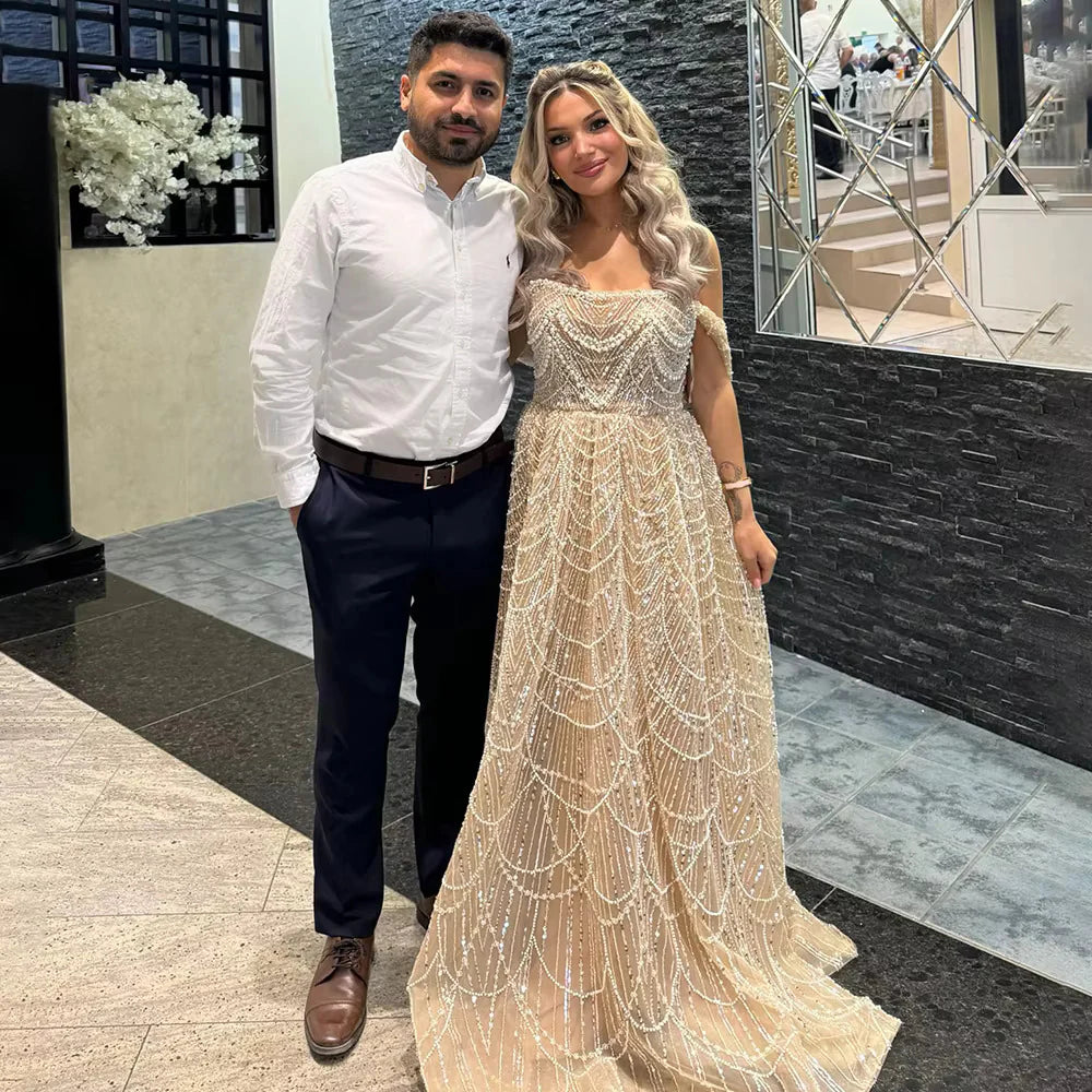 Luxury Beaded Champagne Off-Shoulder Evening Dress SS676, Green / 8