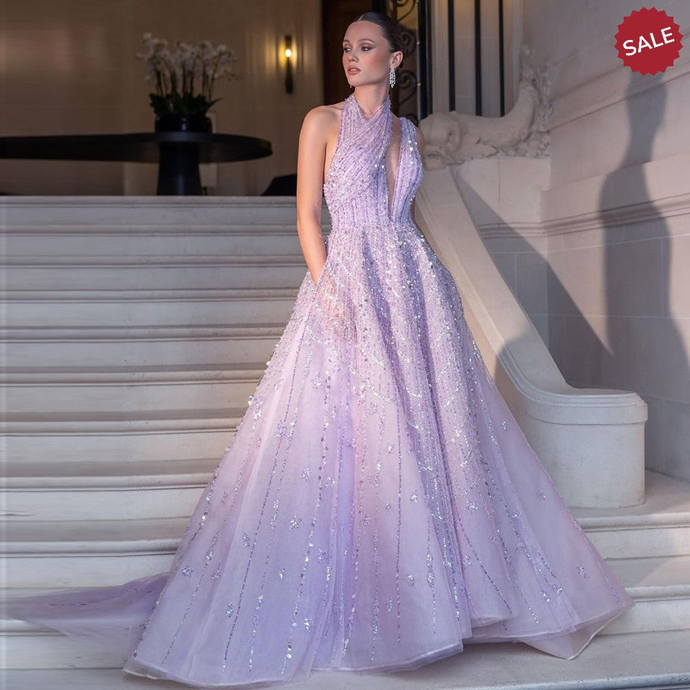 Luxury Beaded Lilac Evening Dresses for Women Wedding Party SS329, Lilac / 4