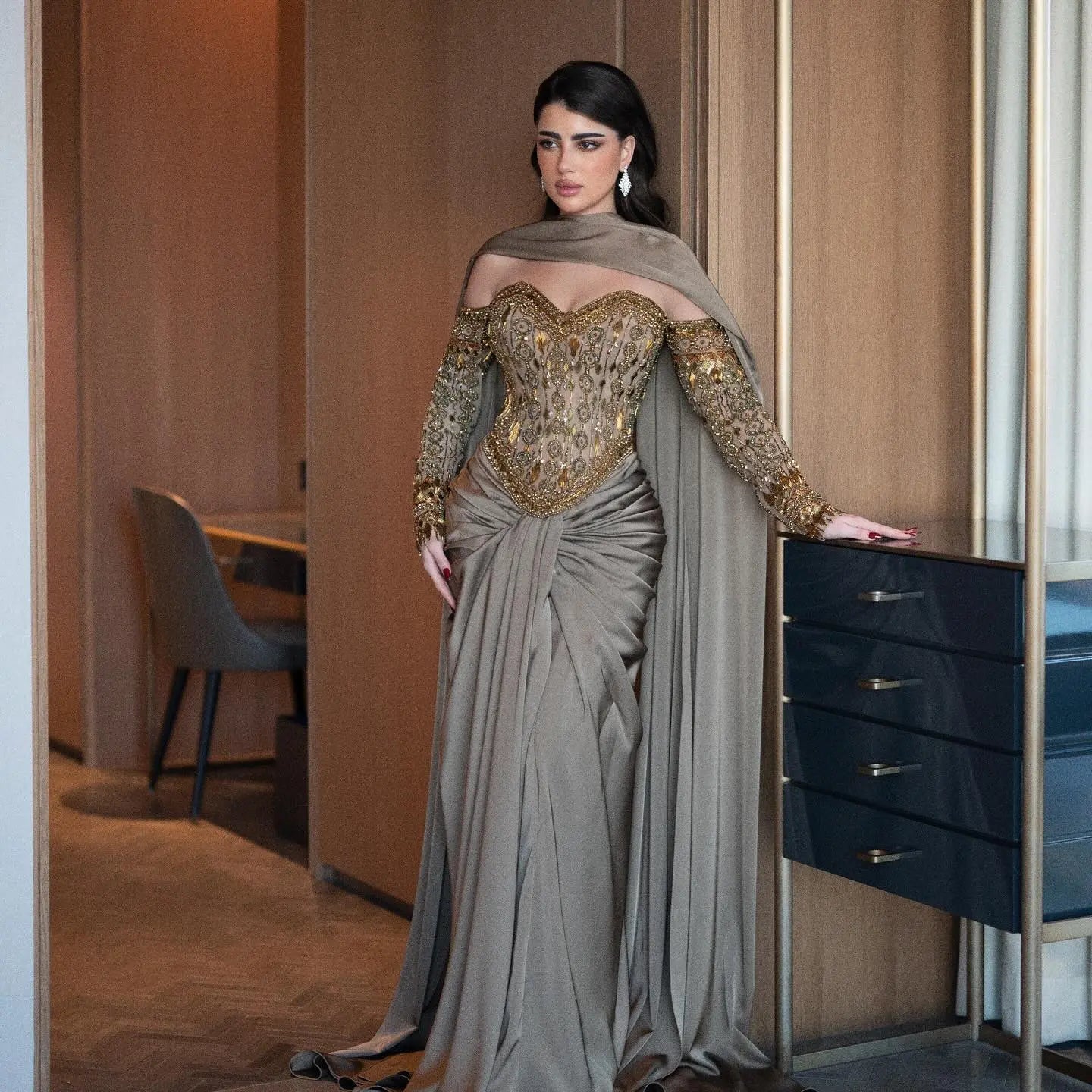 Luxury Gray Crystal Beaded Evening Dress with Draped Sheer Cape SS564