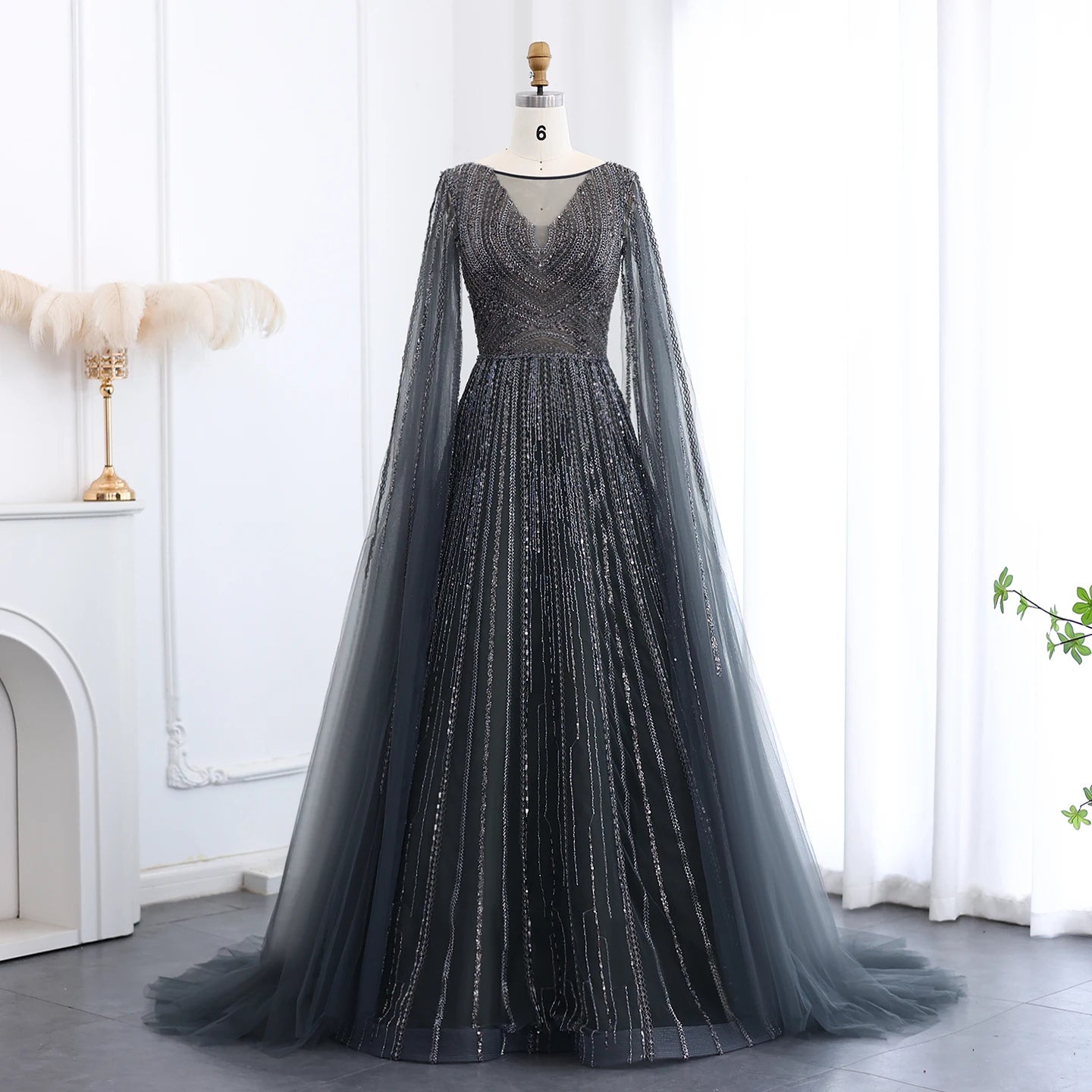 Luxury Gray Green Evening Dress with Cape Sleeves SS005, Gray Green / 6