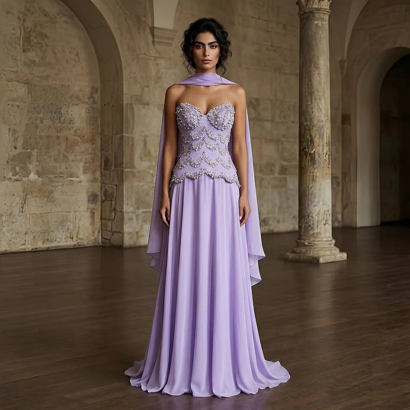 Luxury Purple Strapless Beaded Evening Dress with Scarf SS753