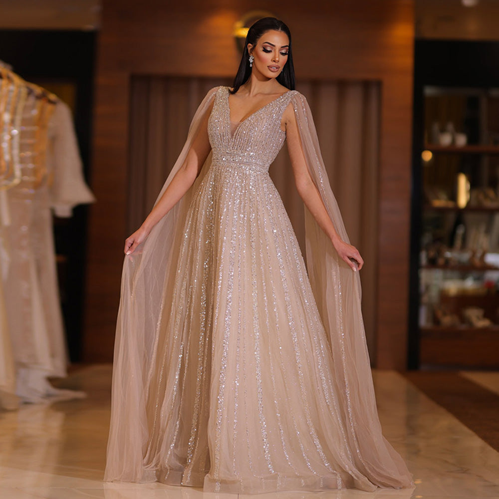 Luxury Nude Dubai Evening Dress with Cape Sleeves SS322 Nude / 6