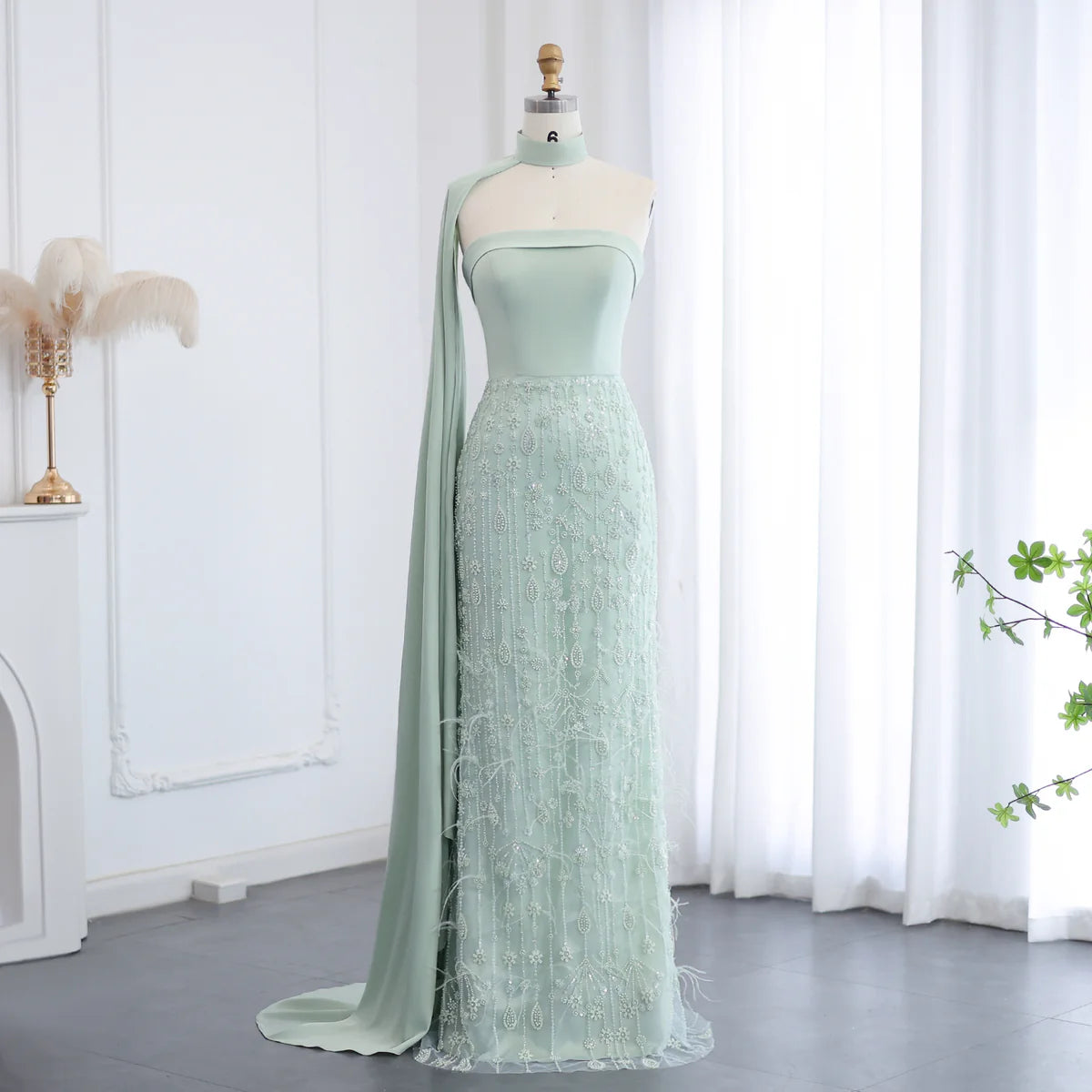 green sequin dress with feathers Luxury Sage Green Feathers Evening Dress with Scarf Cape SS014 Sage Green / 6
