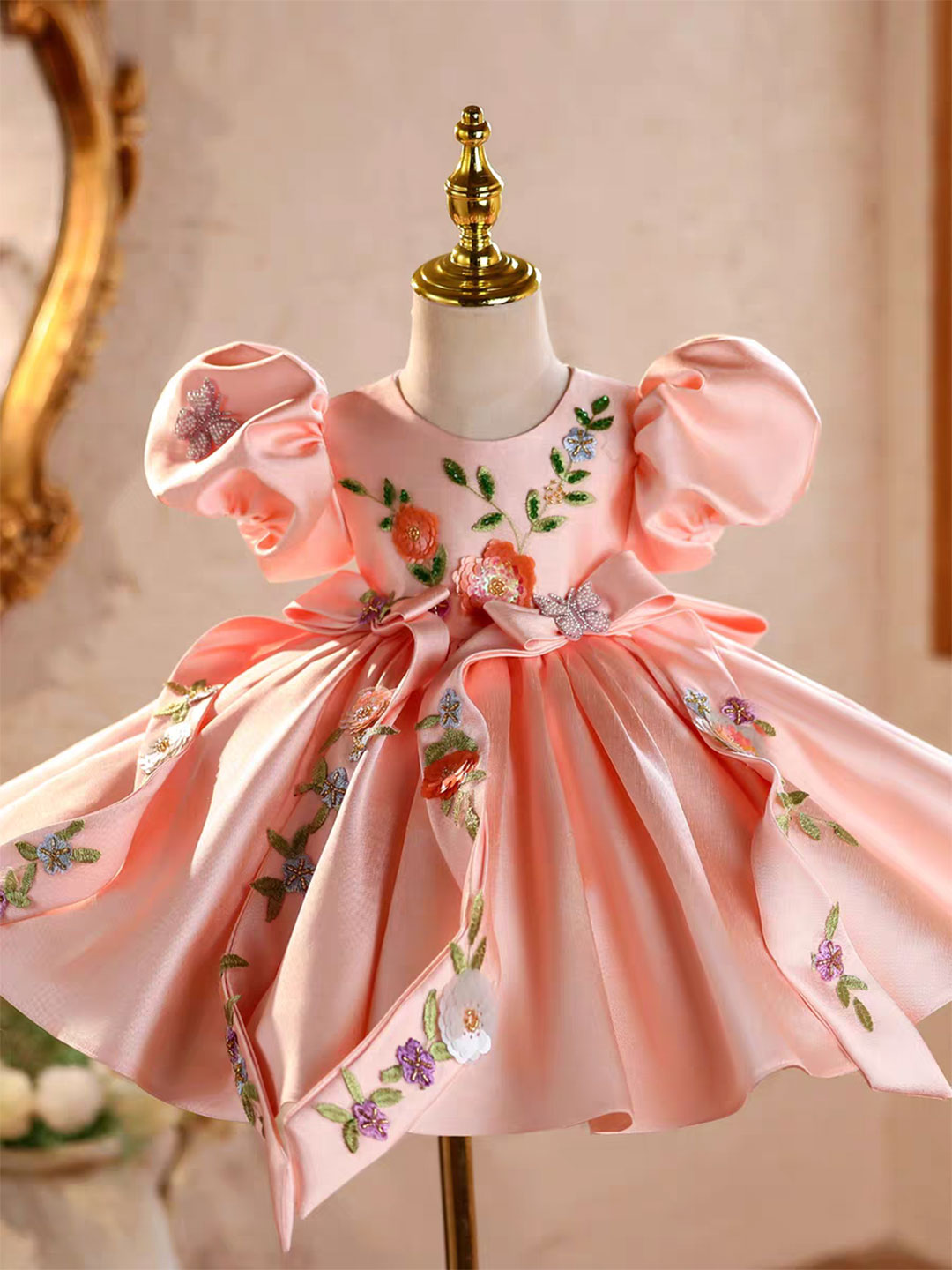 Luxury Pink Satin Pageant Birthday Runway Flower Girl Dress J844