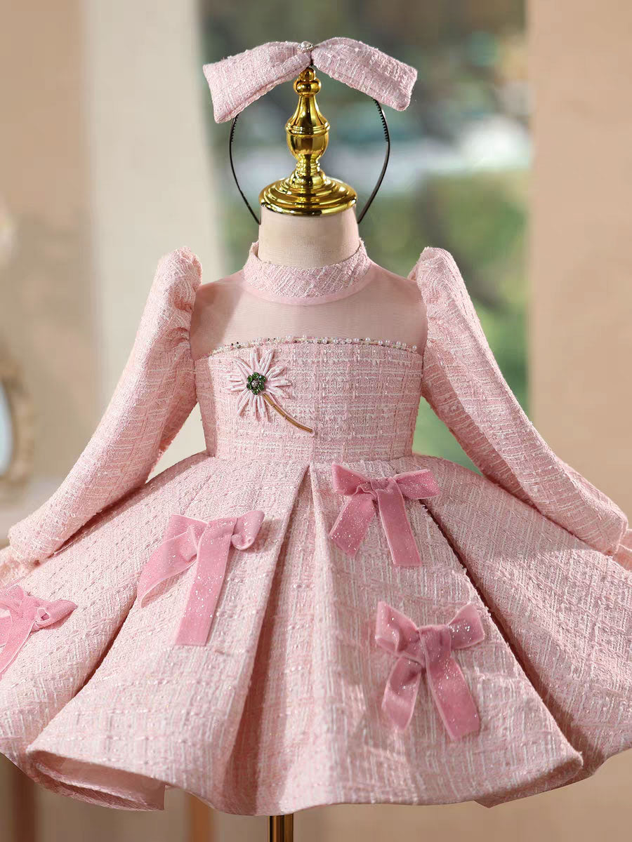 Elegant Pink Long Sleeve Princess Girl Dress for Birthday Party D205 Pink / child-4